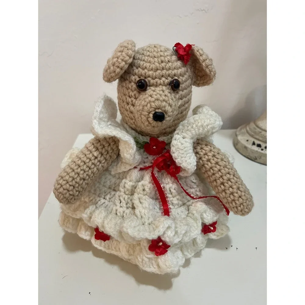 Handmade Crochet Teddy Bear‎ Plush Tan White Red Dress Small Excellent Amigurumi